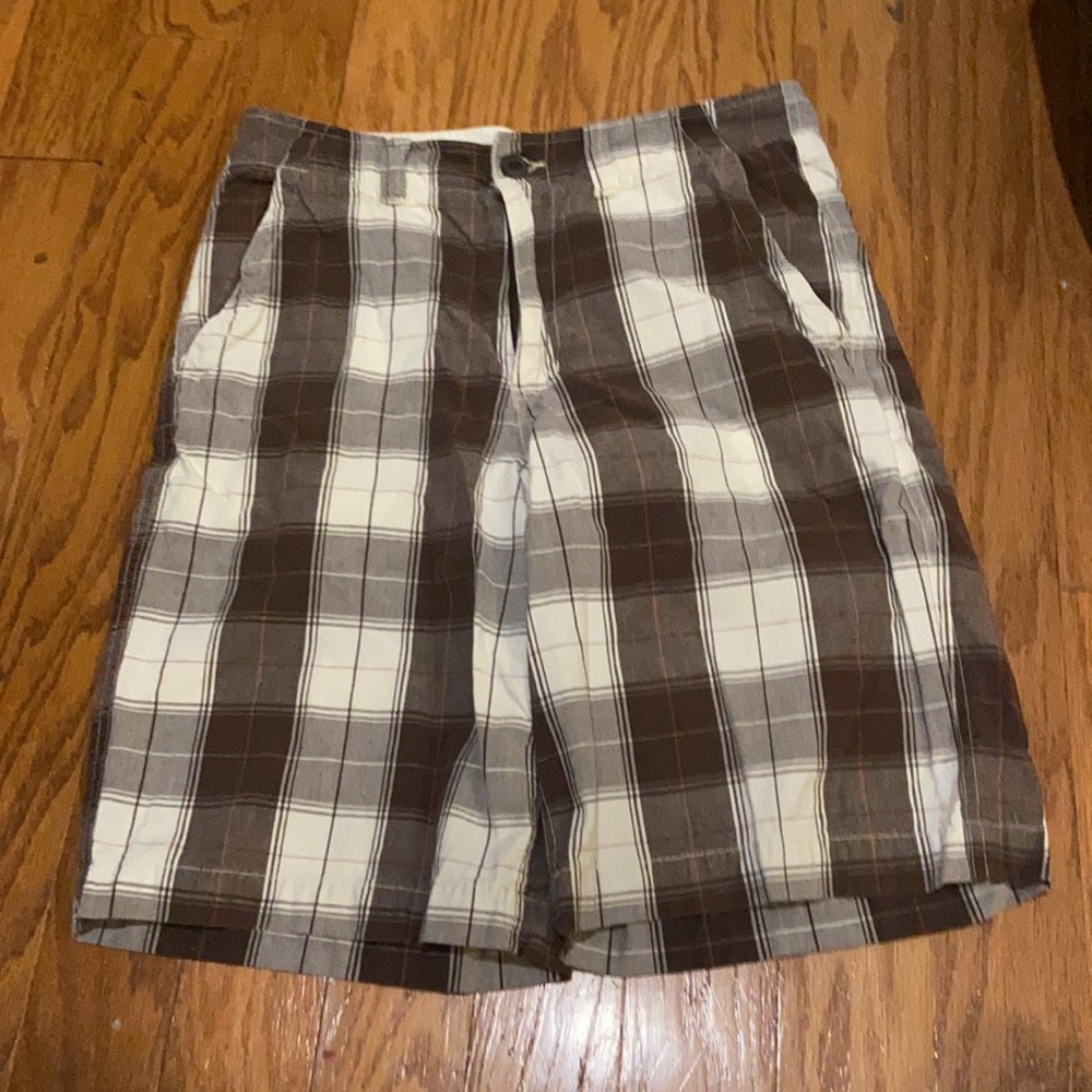 Faded Glory Men's White and Brown Plaid Flat Front Shorts 30